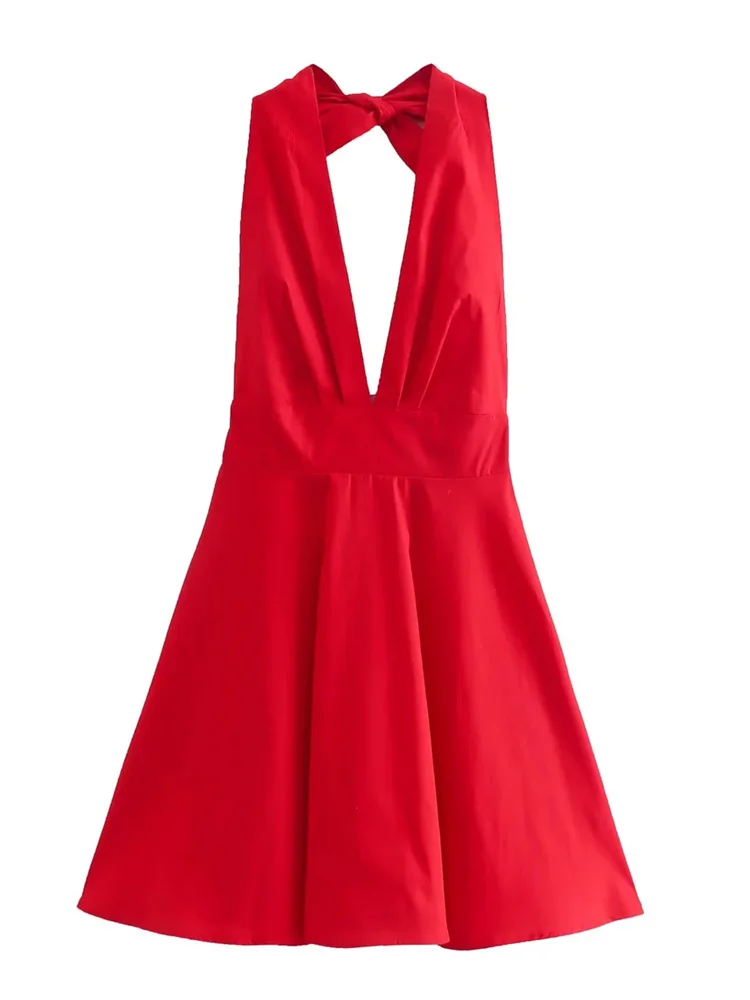 

Elegant Woman Red Halter Neck Backless Mini Dress Summer High Waist A-Line Deep V-Neck Solid Color Casual Girls Streetwear