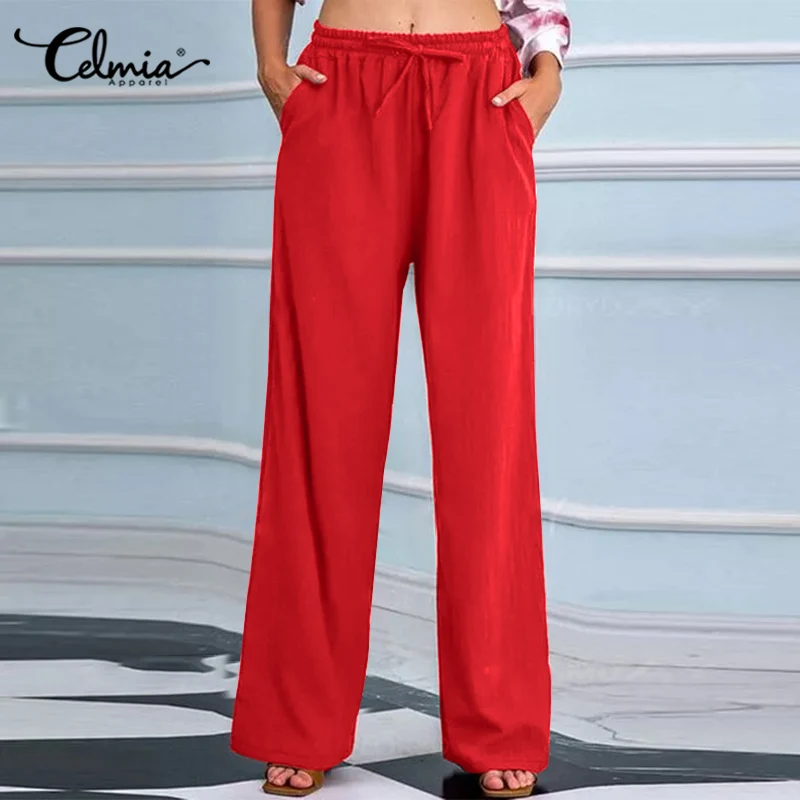 

Celmia Women's Lightweight Pantalon 2022 Summer Lady Baggy Palazzo Elastic Waist Simple Wide Leg Trousers Casual Pockets Pants