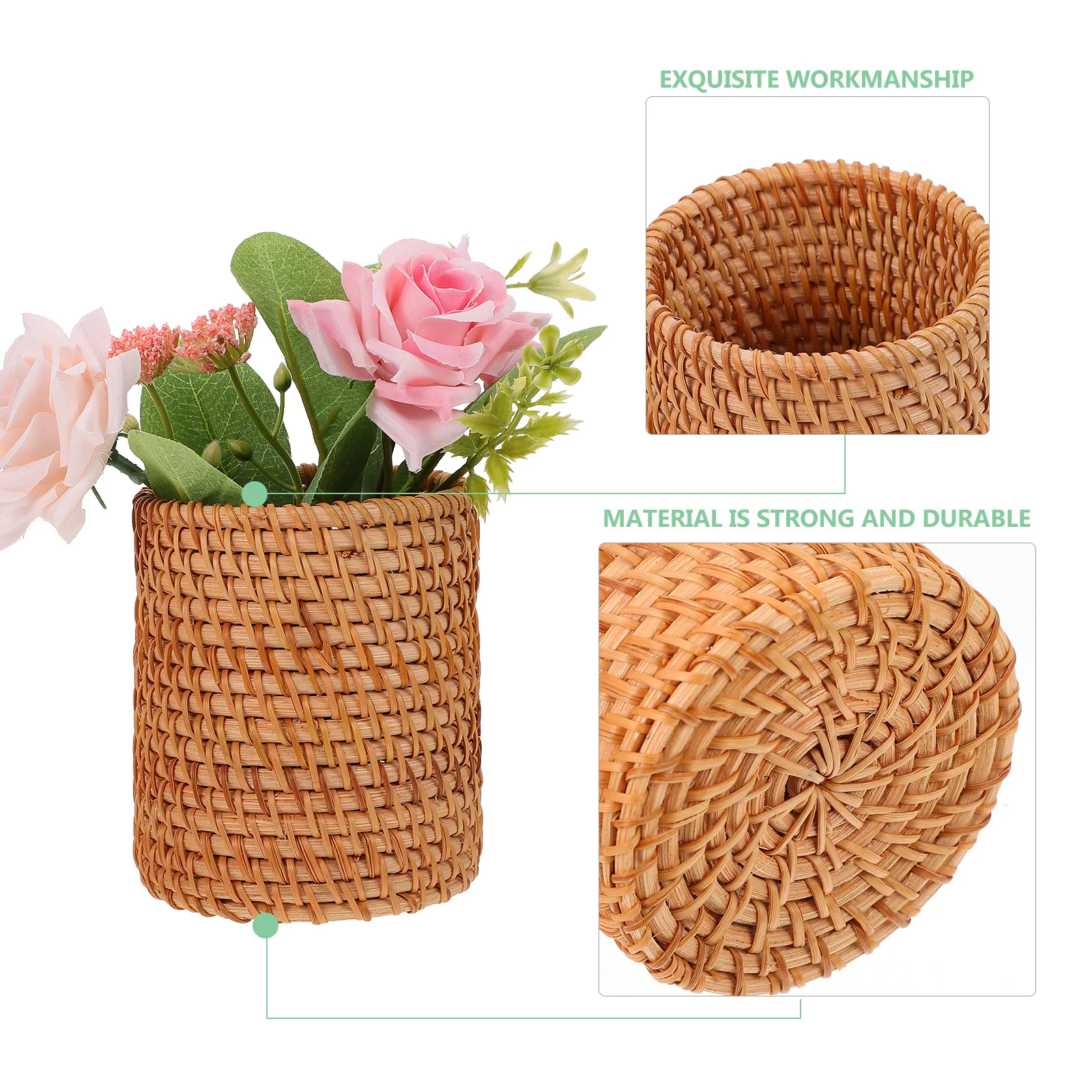 

Holder Pen Woven Desk Rattan Container Basket Vasecup Makeup Brush Organizerwicker Stand Desktop Storagejar Flower Wood Bucket