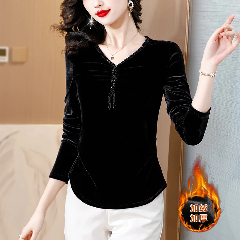 

Женская бархатная рубашка с V-образным вырезом, осень/зима 2023