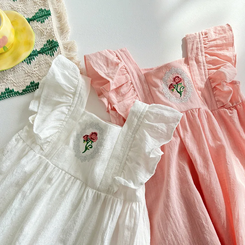 

Toddler Girls Dress Cotton Summer New Square Neck Fly Sleeve French Roses Embroidery Ruffle Dresses Thin Baby Children Clothing