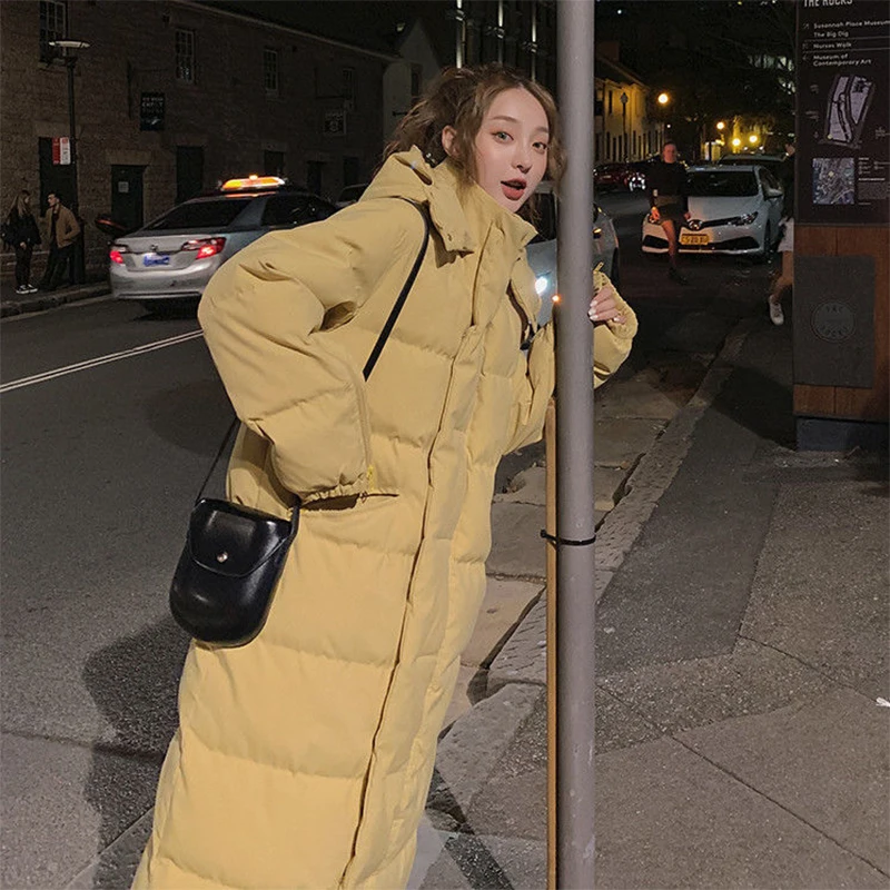 Anbenser Women's Winter Korean Style Long Cotton-padded Coat Casual Stand-up Collar Argyle Pattern Oversized Parka Chic Jacket