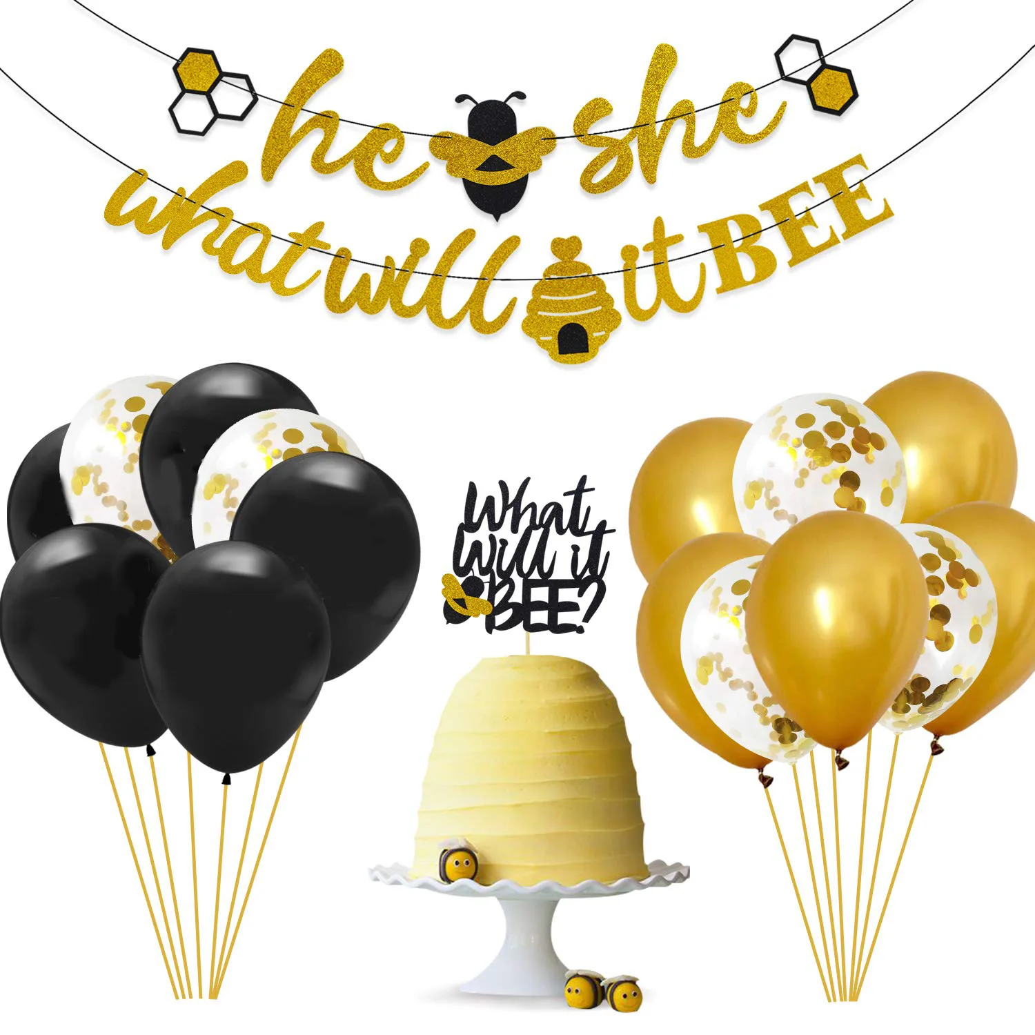

SURSURPIRSE Black Gold Latex Confetti Balloon Bronzing Bee Banner Cake Topper Set for Baby Shower Gender Reveal Party Supplies