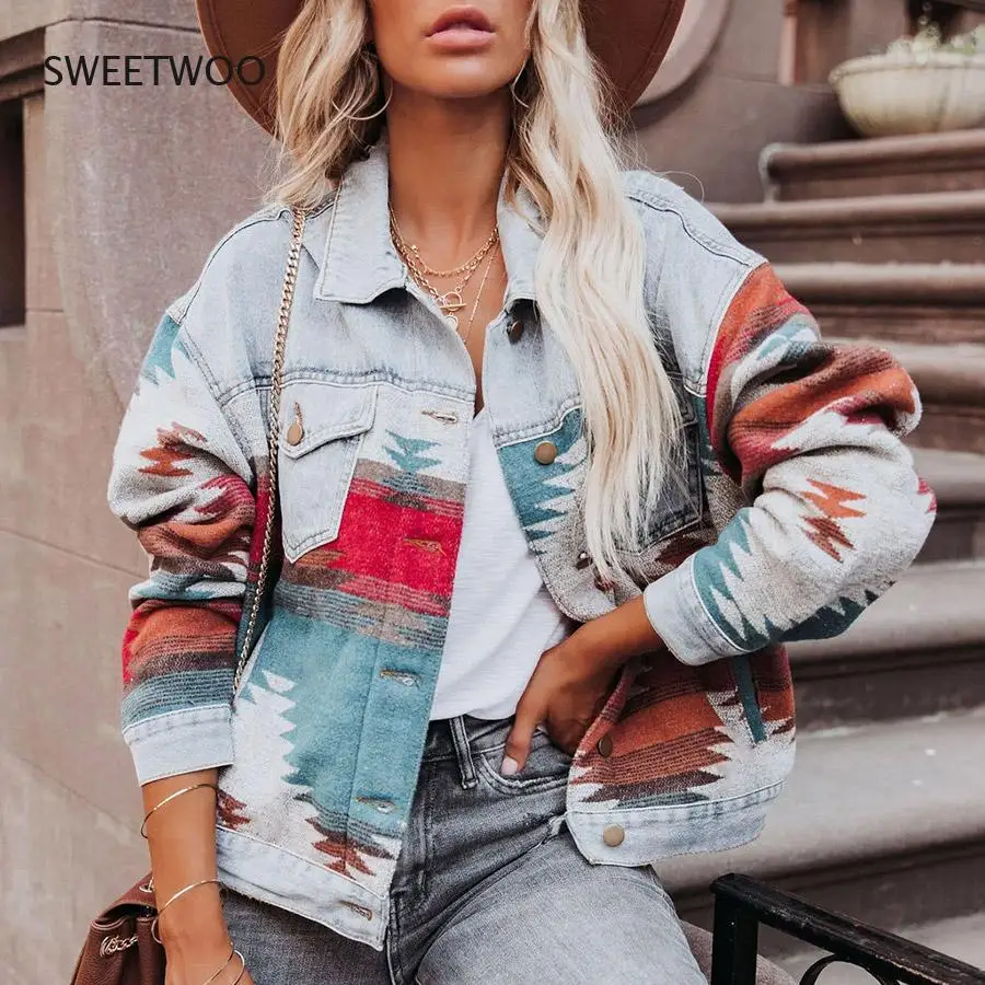 

Retro Denim Jacket 2022 New Long Sleeved Lapel Loose Denim Stitching Woolen Jacket Female Aztec Vintage Denim Stitching Coat