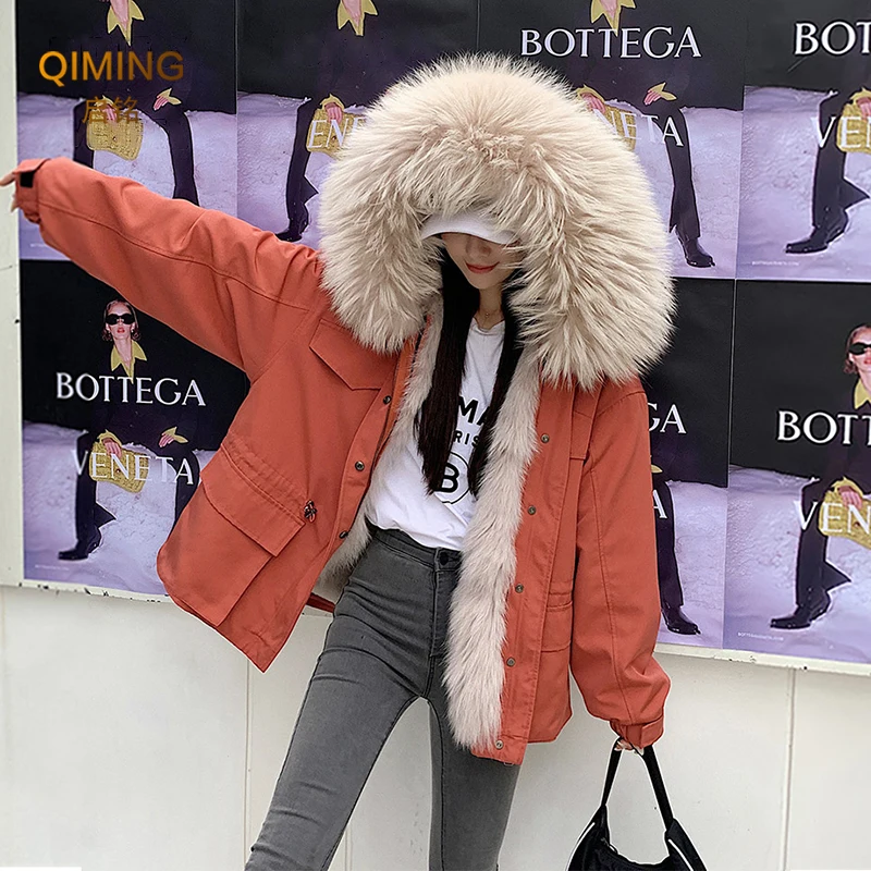 Parka Real Fur Coat Women Raccoon Fur Collar Lined Coat Fox Fur Coat Winter Ladies Rex Rabbit Hair Detachable Liner Short Coats