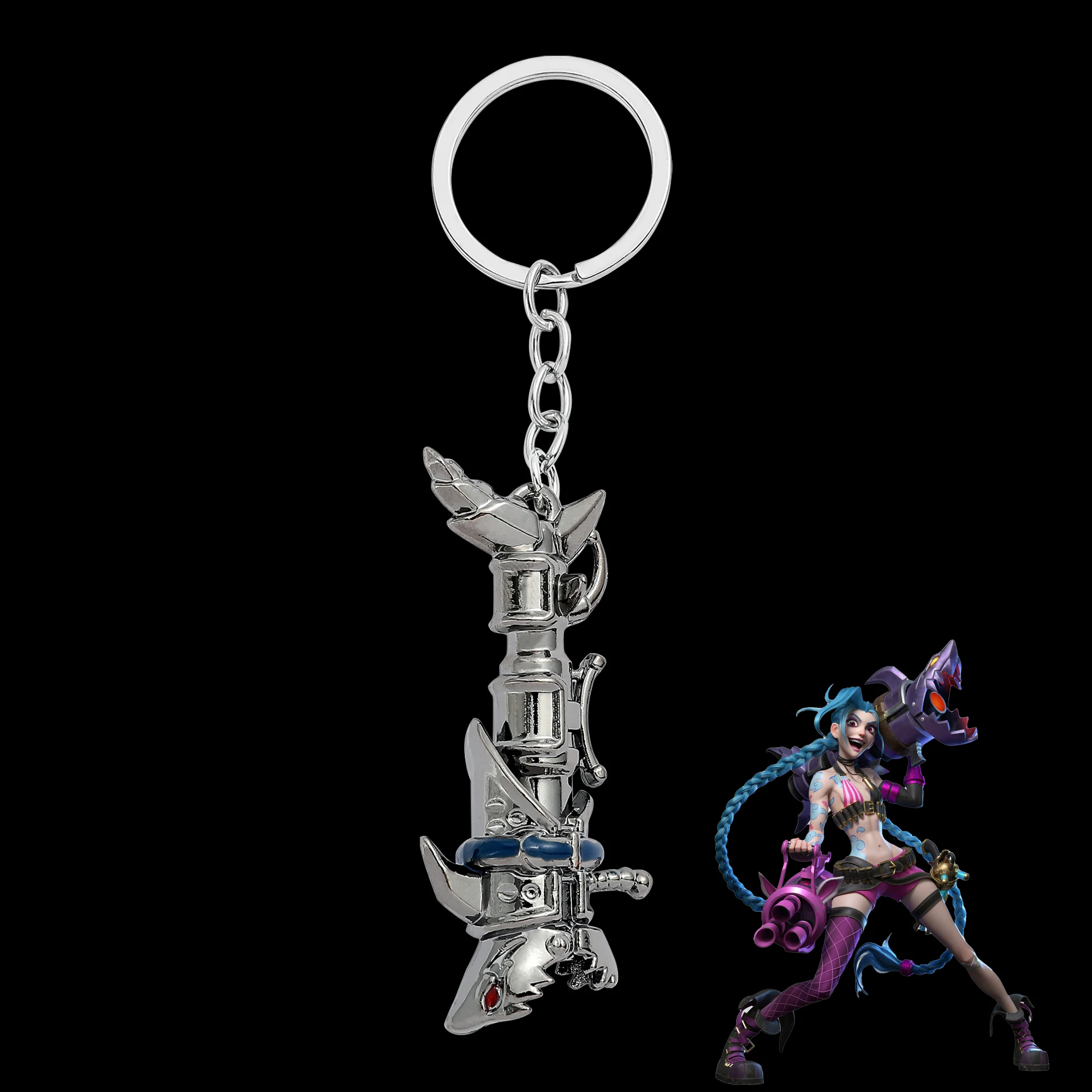 

League of Legends Game Figure Anime Arcane Jinx Keychain Shark Style Grenade Launcher Model Keyrings for Backpack Accessories