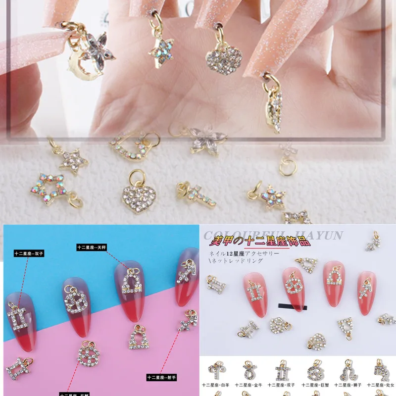 

5pcs New Nail Accessories Pentagram Star 12 Constellation Nail Art Charm Clear AB Hollow Dangle Golden Alloy Luxury Nail Jewelry