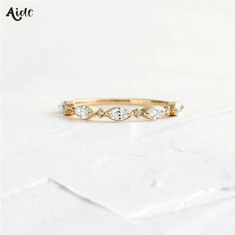 Aide Presale Solid Gold Jewelry 9K/10K/14K/18K/24K Gold Five Oval Zircons Ring For Women Girl Chic Thin Stackable Wedding Rings