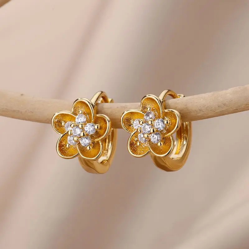 

Zircon Flower Hoop Earrings For Women Stainless Steel Gold Plated Cute Piercing Earring 2023 y2k Trend Luxury Aesthetic Jewelry