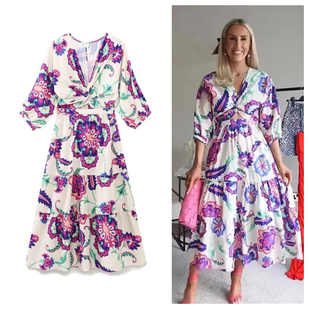 

Print Midi Dress Ruched 3/4 Sleeve Maxi Dress Women's Fashion Cut Out Pleated A Line Vestidos 2023 Summer Elegant Party Dresses