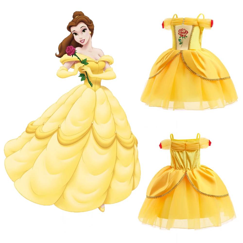 Disney Girls Princess Dress New Belle Mesh Dress Spring Summer Birthday Prom Dress Cosplay Costume Bella Dresses Frock for Girl