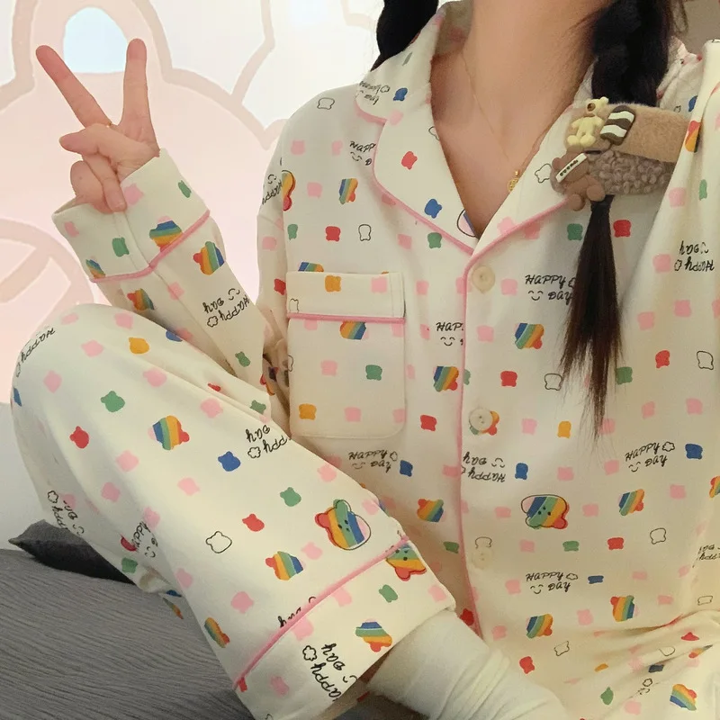 Sweet Style Pajamas Women's Spring and Autumn Imitation Cotton High Grade Long Sleeve Pants Two Piece Set Cute Student Home Fury