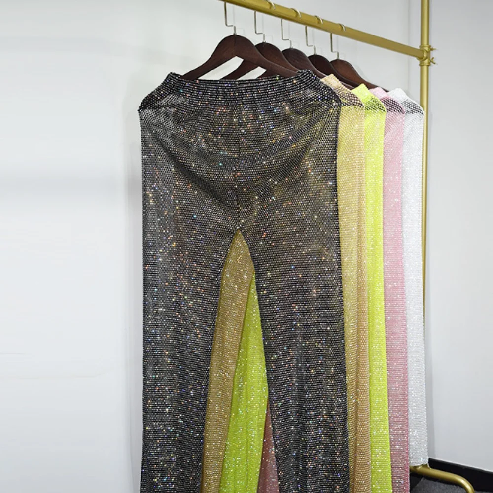 

Модные женские брюки европейские и американские сексуальные ажурные широкие брюки сетчатые мигающие бриллиантовые прямые длинные брюки для женщин