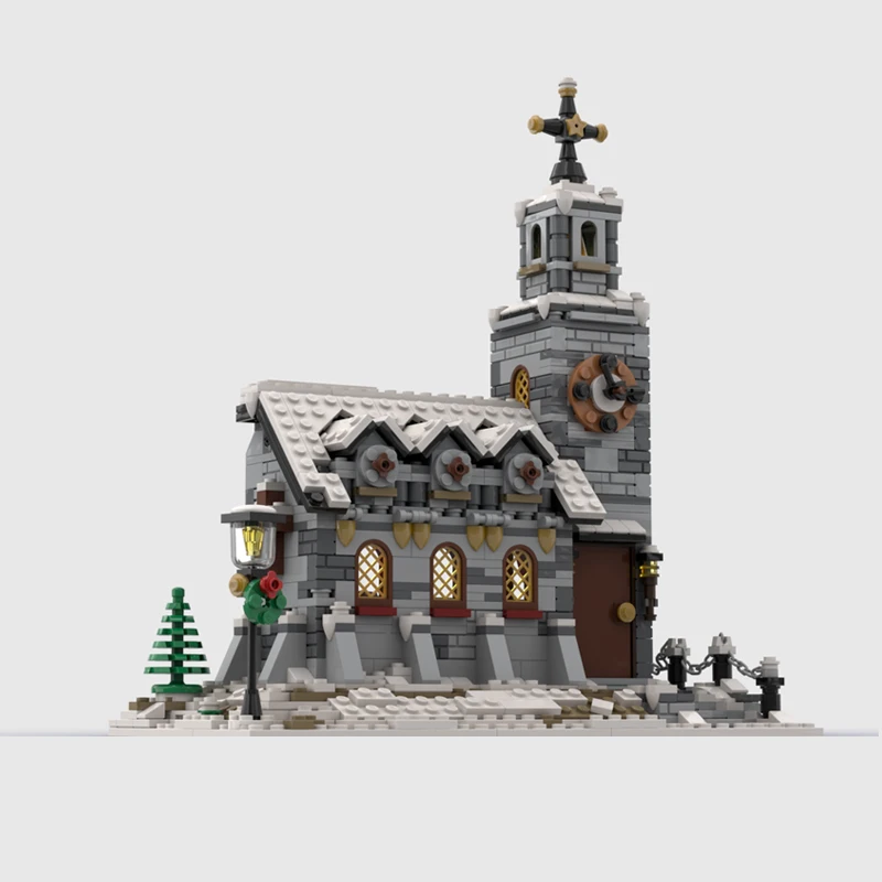 Фото Модель City Street View MOC, строительные кирпичи, маленькая зимняя церковь, модульные технологии, подарки, праздник, сборка, детские игрушки, костюм №2