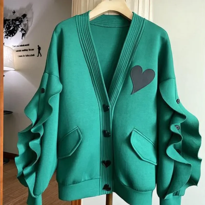 DAYIFUN-кардиган большого размера осенне-зимний кружевной рукав-фонарик сплошной