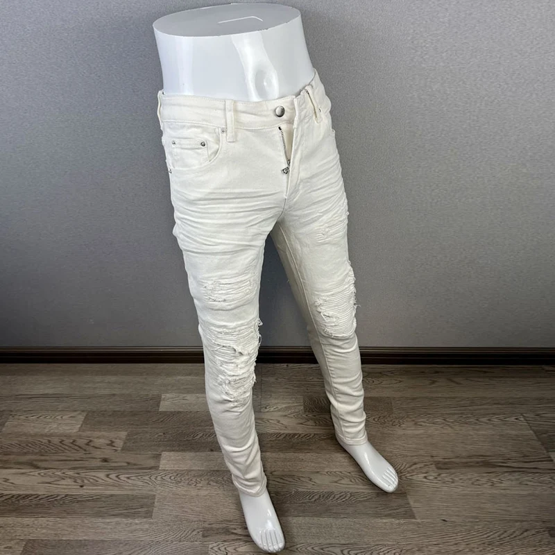White Fashion Designer Men Jeans Elastic Stretch Patched Skinny Fit Ripped Jeans Men Streetwear Hip Hop Denim Brand Pants Hombre