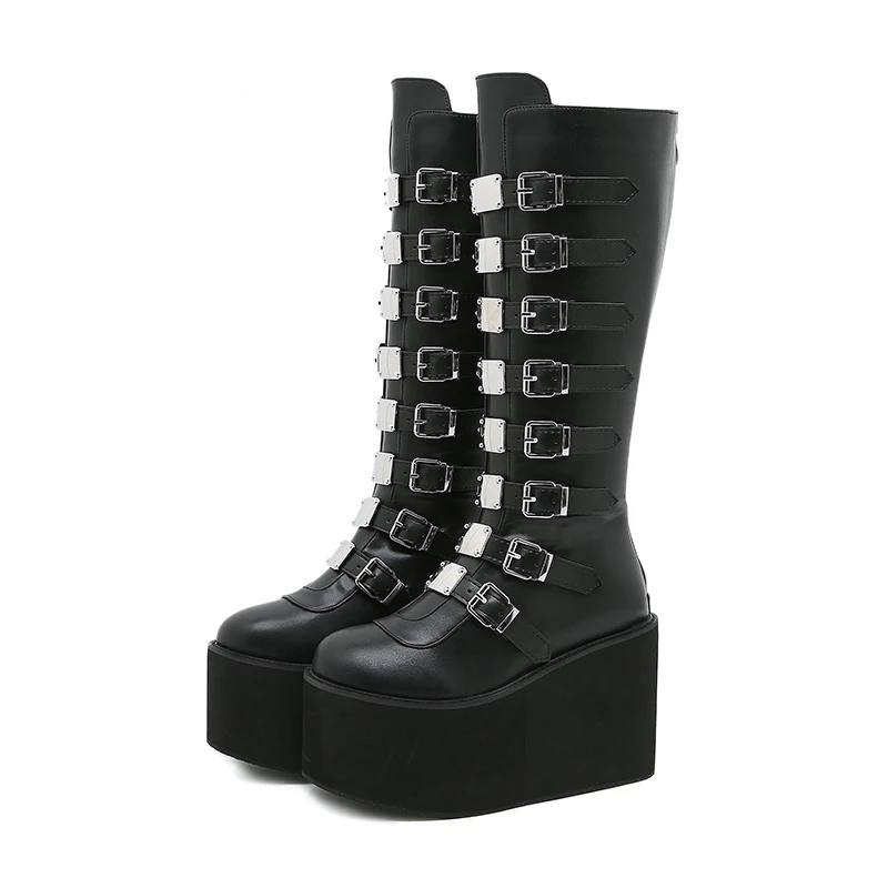 

New Brand Design Platform Motorcycle Boots Women Gothic Style Fashion Metal Buckle Knee High Boots Punk Shoes Woman Cosplay