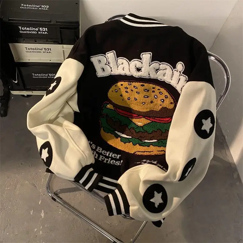 

American retro burger embroidery baseball uniform jacket men and women trendy brand high street loose wild couple chic top