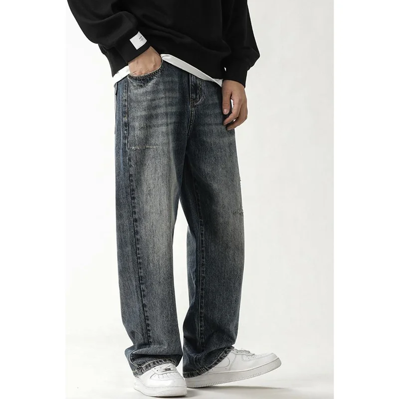 Streetwear Men 2022 New Pattern Vintage Recreational Blue Pants Straight Cylinder Comfortable Loose Large Jeans Autumn Female