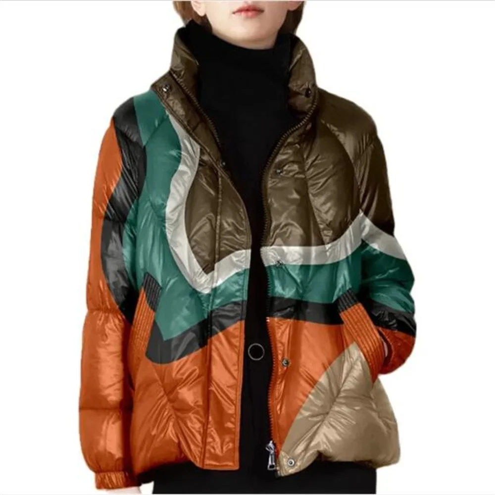 

Fashion Winter Europe-USA Style Cotton-Padded Clothes Women/Girl Stand Collar Geometry Splicing Raglan Sleeve Zipper Down Jacket