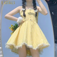 e girls summer kawaii lolita strap dress women patchwork lace japanese sweet cute mini dresses yellow plaid fairy tale dress