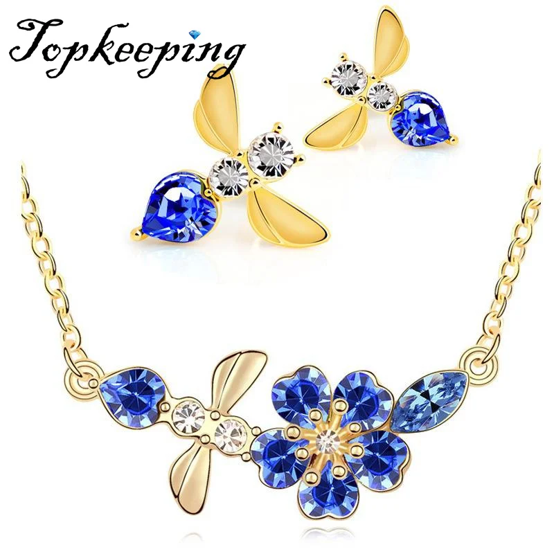 

Women Fashion Water Drop Shape Pendant Clavicle Chain Office Ladies Rhinestone Necklace Earrings 2pcs Bridal Jewelry Set