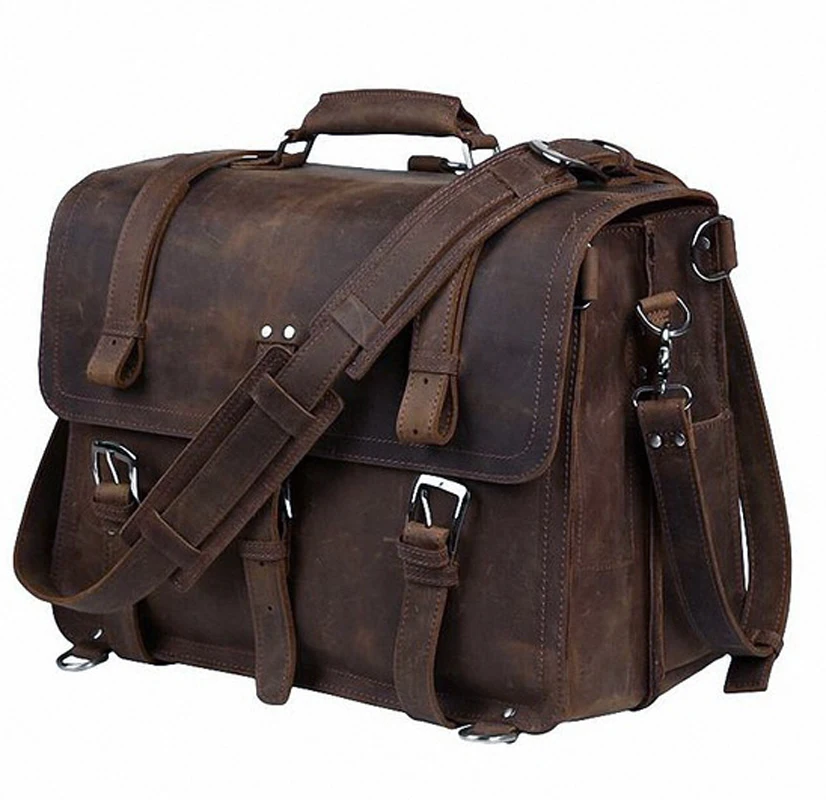 

Vintage Crazy Horse Leather Men Briefcase Business Bag Large Leather Briefcase Male 15.6"Laptop Shoulder Bag office