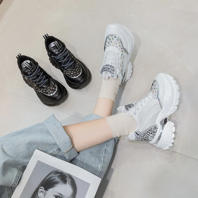 Autuspin 8.5cm Hidden Heels Women Fashion Rhinestone Vulcanize Shoes Spring Summer Genuine Leather Platform Wedge Sneaker Woman