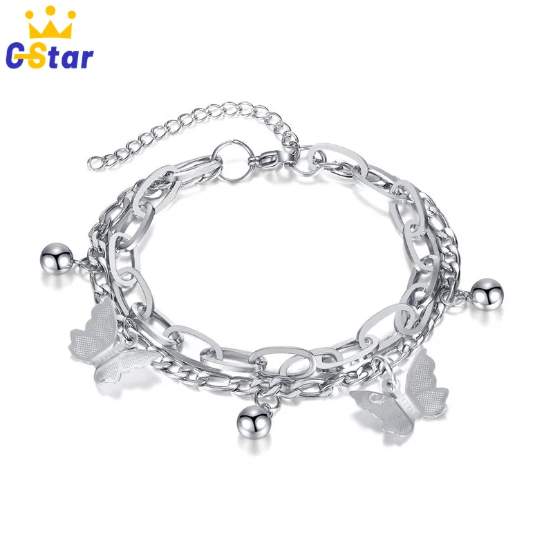 

Butterfly Double Layer Chain Bracelet Silver Stainless Steel Charm Bracelets For Women Fashion Jewelry 2022 New Dropshipping