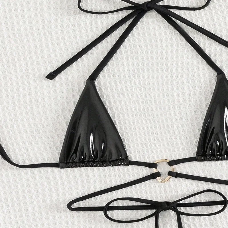 Сексуальные металлические черные комплекты мини-бикини с лямкой на шее комплект