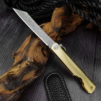 thin damascus folding knife manual opening tactical keychain knives copper alloy handle edc survival paring multi pocket tool