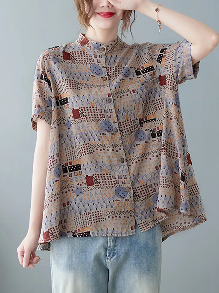 

Women Cotton Linen Casual Shirts New 2022 Summer Vintage Print Stand Collar Loose Female Short Sleeve Tops B1744
