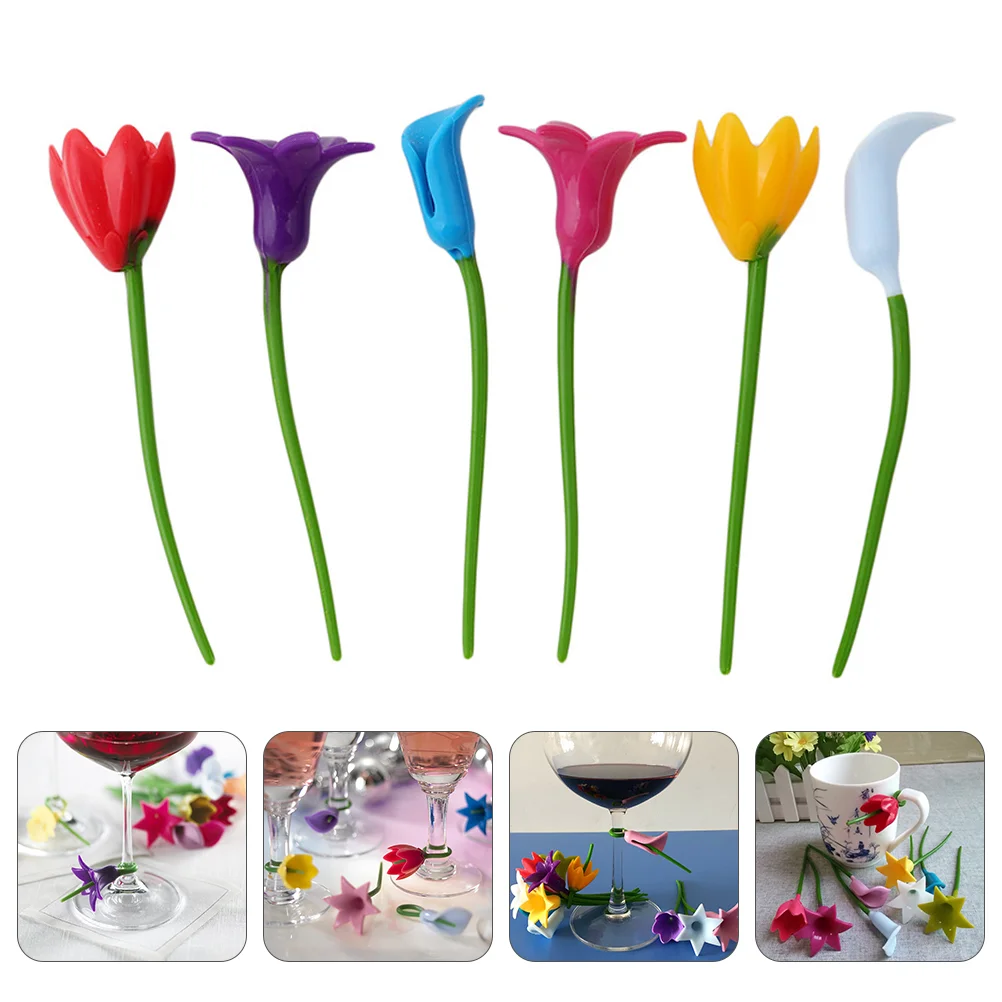 

6 Pcs Flower Glass Logo Shape Charms Silicone Gift Tags Presents Drink Stemless Glasses Cup Markers Decor