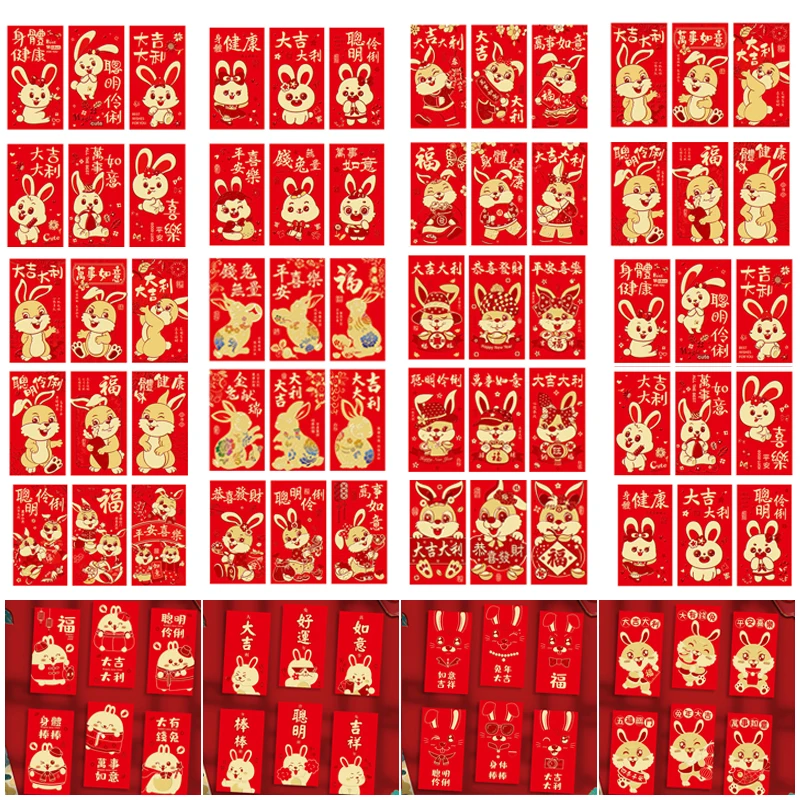

6 шт., красные конверты для китайского Hongbao на праздник весны, милые мешки для денег в виде кролика, 2023, Новогодняя Подарочная сумка, товары дл...