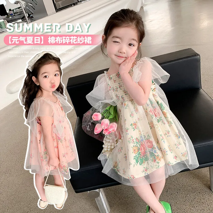 

2023 New Arrival Girls' Dress with Flying Sleeves, Flower Pattern, Mesh Dress, Cute Girl Style