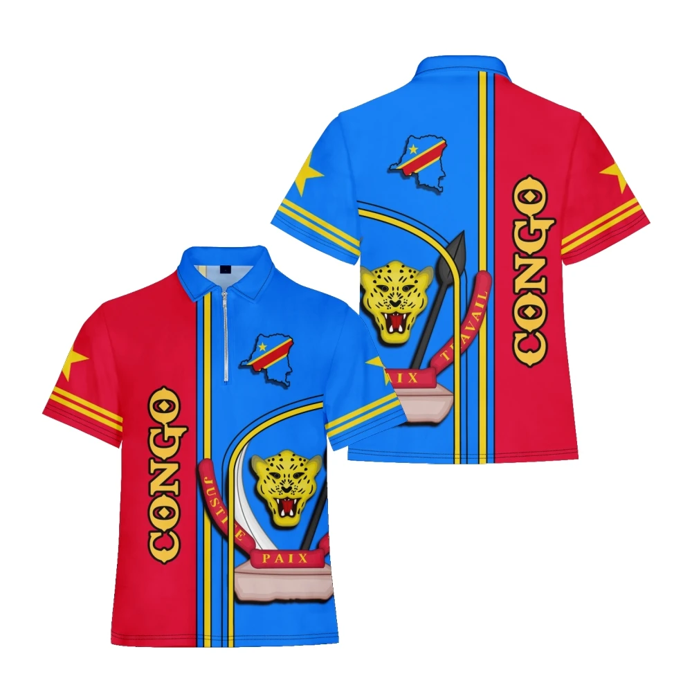 

Congo Active Flag Fashion Men's Clothing Polo Shirt Casual Turn-Down Collar Zipper 3D Print Short Sleeve Tee Shirt Men Polo Tops