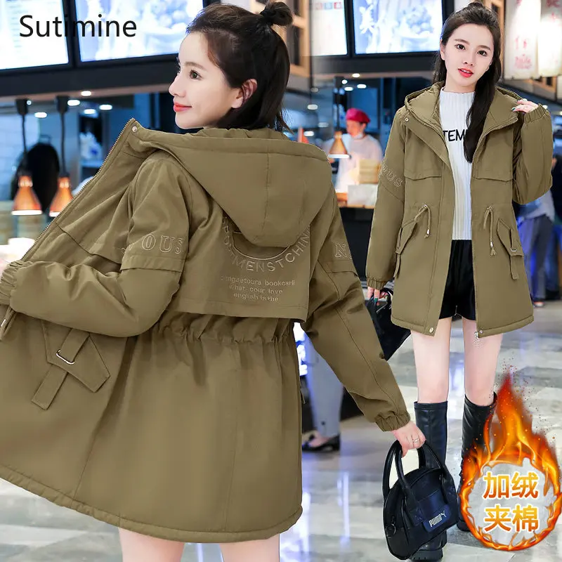 Winter Clothes Women Office Lady Pockets Women's Loose Embroidered Cotton Padded Jacket with Velvet Hooded Bandage Coat Women