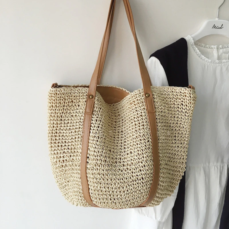 

Women's Shoulder Bag Casual Straw Woven Wicker Knitted Handbags Female Large Capacity Bohemian Summer Beach Shopper Tote Purse