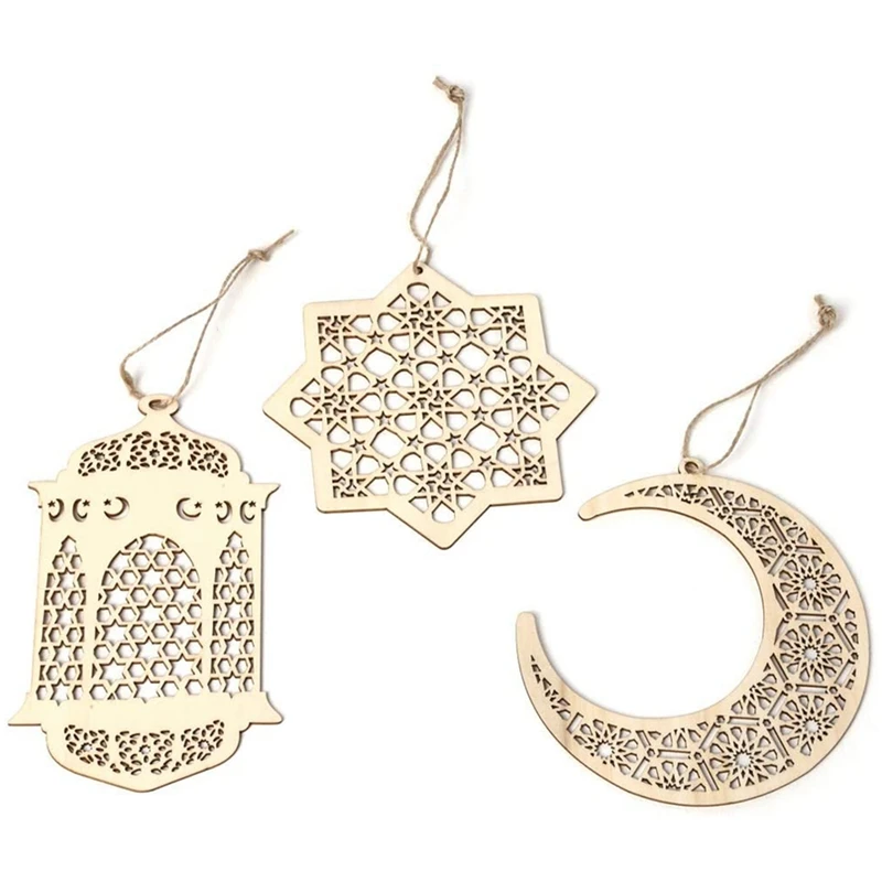 

3Pcs/Set Islam Eid Ramadan Mubarak Hollow Decoration Wooden Hanging Lantern Baubles DIY Crafts