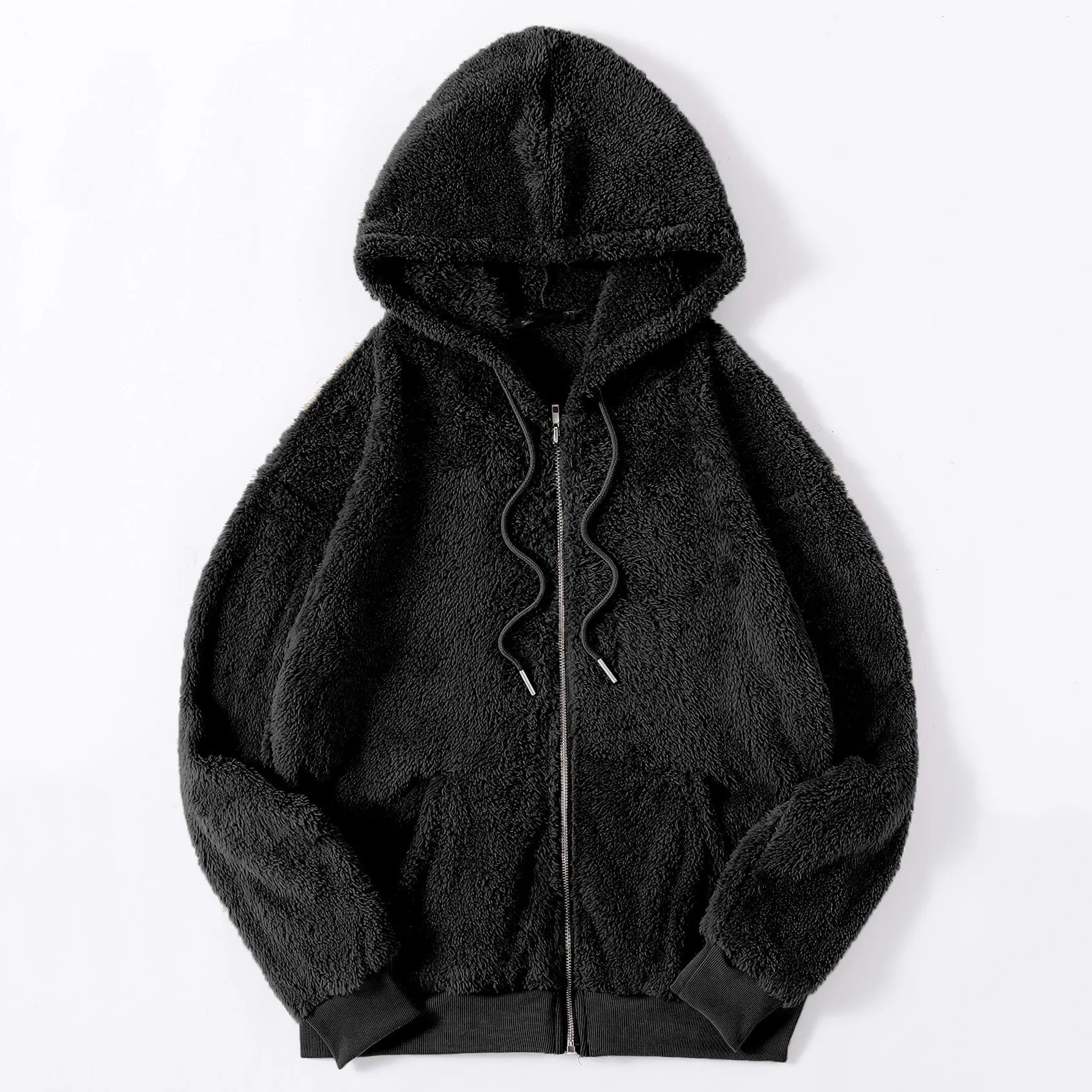 Independent design of new fund of 2022 autumn winters is fashionable fleece zipper pure black fluffy fleece
