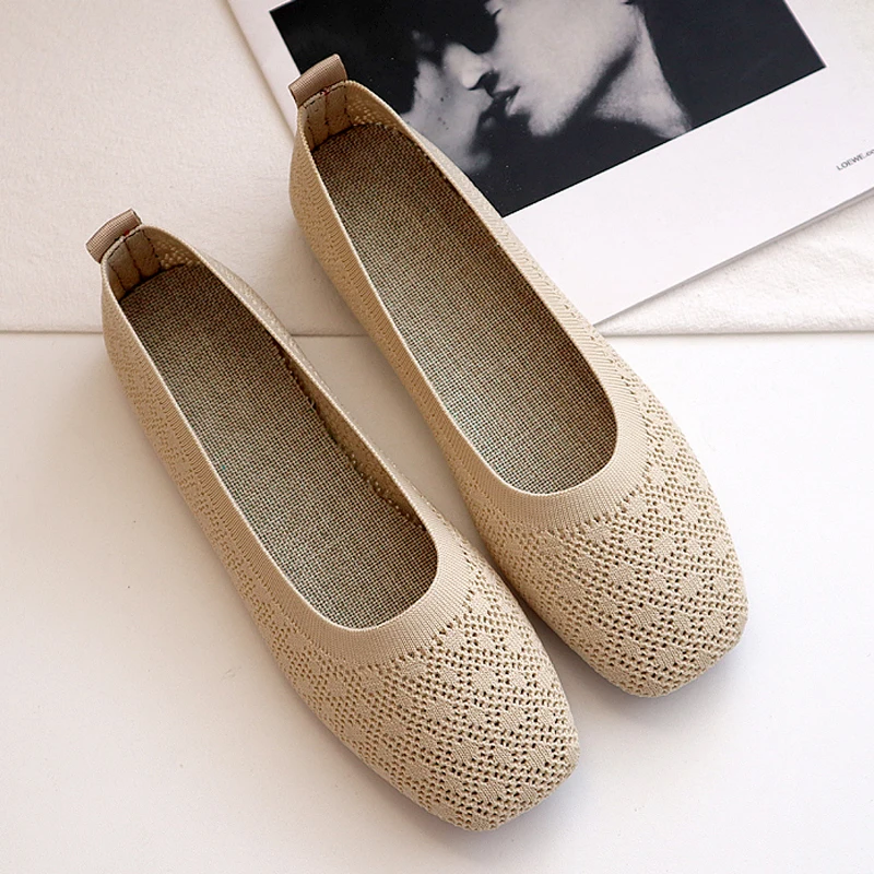 

2022 Solid Color Slip on Mesh Loafers Stretch Fabric Ballet Flats Shoes Women Shallow Casual Soft Bottom Square Toe Boat Shoes