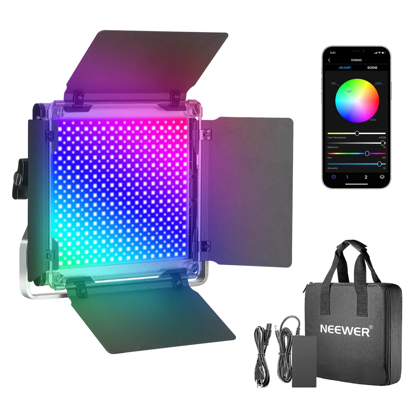 

Neewer 660 RGB Led Light with APP Control, 660 SMD LEDs CRI95/3200K-5600K/Brightness 0-100%/0-360 Adjustable Colors/9 Applicable