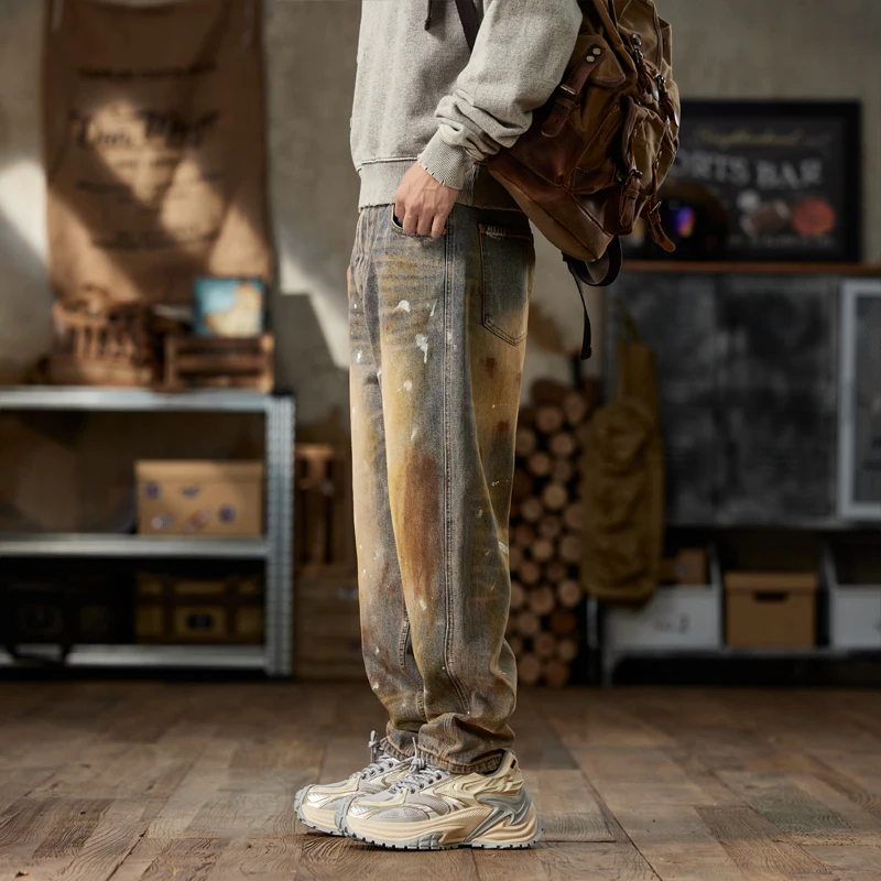 Джинсы мужские свободные с эффектом потертости брюки-султанки в стиле ретро