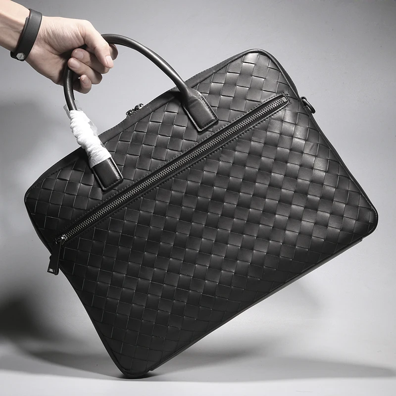 Luxury Brand Men's Top Genuine Leather Business Briefcase Portable Large Capacity Fashion Shoulder Messenger Woven Bag 2021