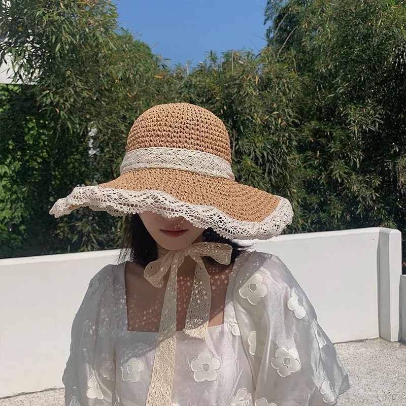 

Summer straw hat fashion travel lace sunhat Beach Elegant Women's Hat With Large Brim for Women Fisherman Hat Sunshade Vacation