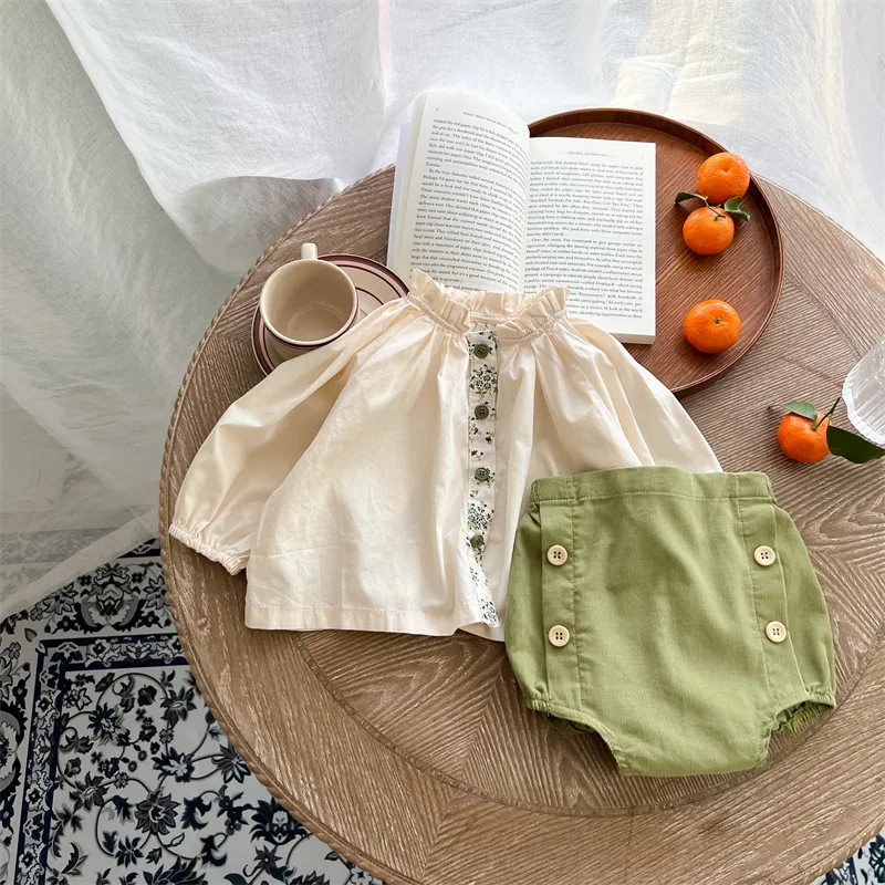 

2022 Autumn New Baby Clothing Set Ruffle Collar Blouse and Bloomer 2 Pcs Baby Suits