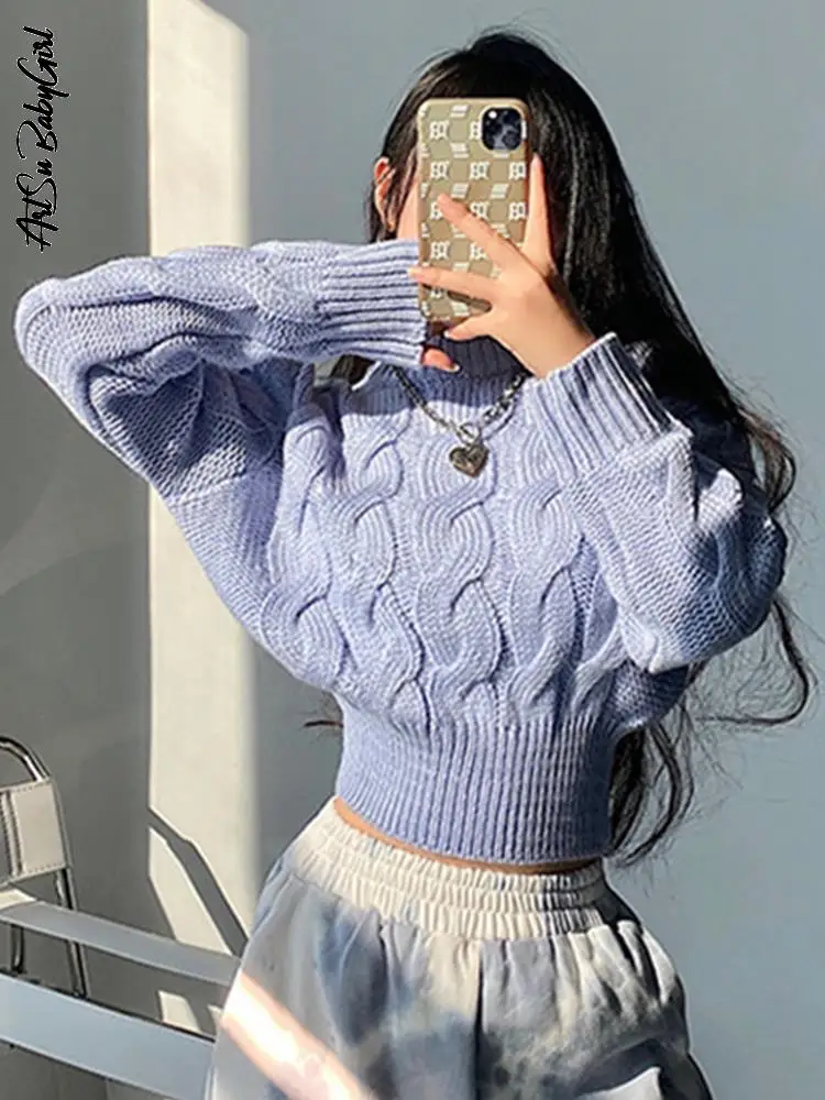 

Knitted Women's Sweater Long Sleeve Top Pullover Slim O Neck Jumper 2022 Autumn Winter Clothes Streetwear Blue Female Sweaters