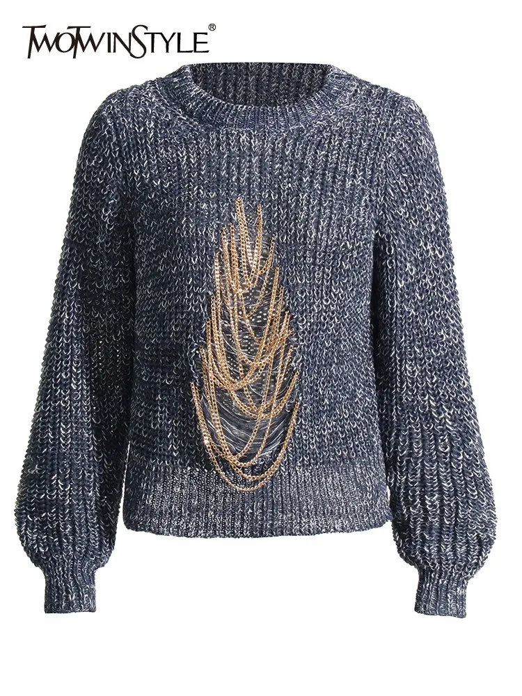 

TWOTWINSTYLE Patchwork Chain Sweater For Women Round Neck Long Sleeve Hollow Out Knititng Pullover Sweaters Female Fashion New