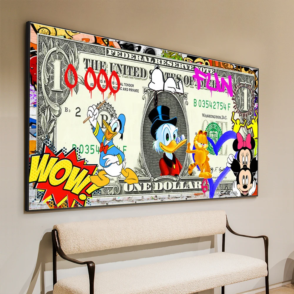 

Cartoon Minnie Mickey Art Poster and Prints Creative Money 10000 Dollars Canvas Painting Wall Art Picture for Living Room Decor