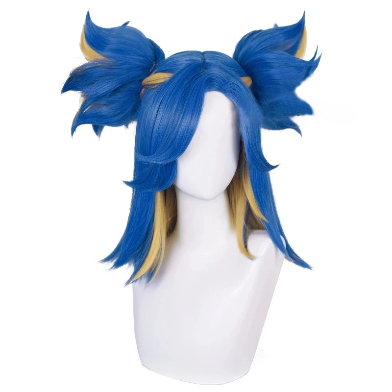 

Game Valorant Neon Cosplay Wig Short Blue Mix Blond With 2 Clip Ponytails Heat Resistant Synthetic Hair Role Play Wigs Wig Cap
